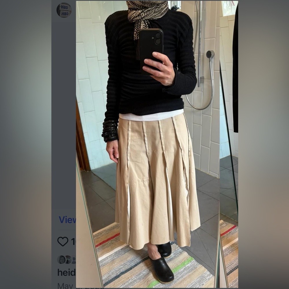 Zara Khaki/Ivory Cotton Twill Mixed Media Full Midi Skirt